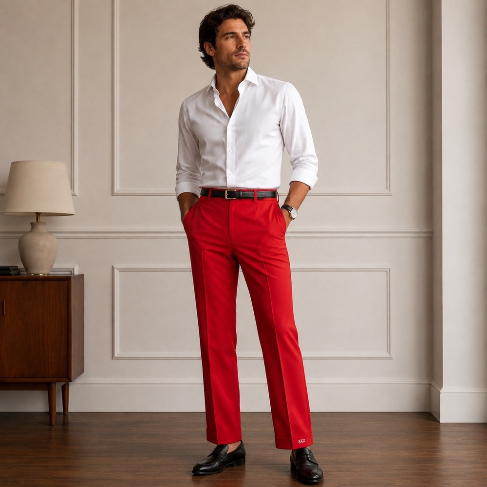Montique Mens Pleated Wide Leg Dress Pants Red Cuffed Hem Trousers 33 Retro
